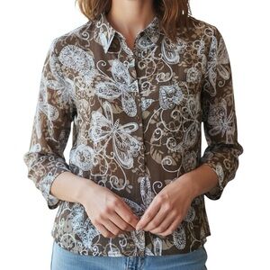 Alfred Dunner Women's Sheer Brown Cream Butterfly Floral Button Front Blouse